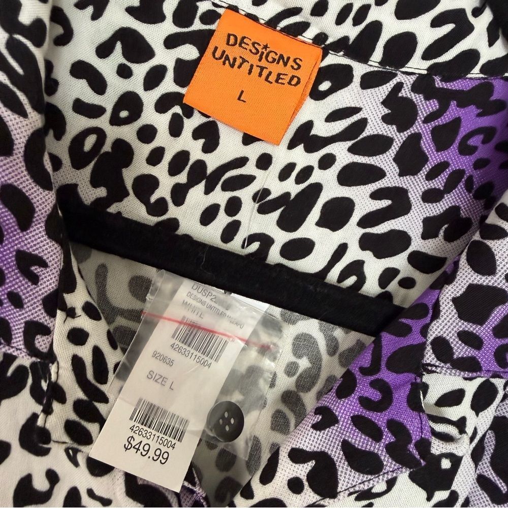 NWT Men’s purple black white leopard print button down ss collared shirt large - Picture 3 of 4